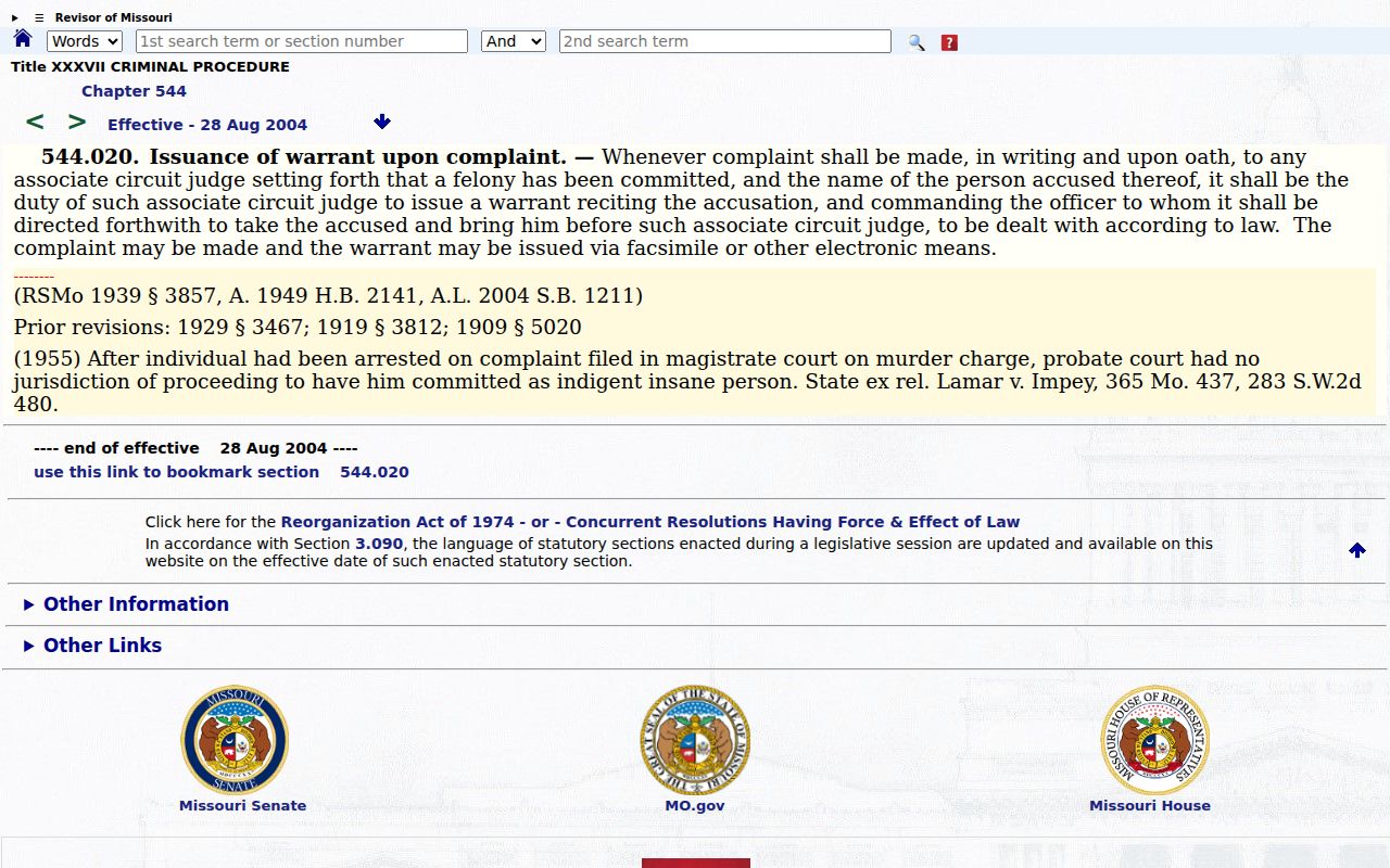 Missouri arrest warrant statute page
