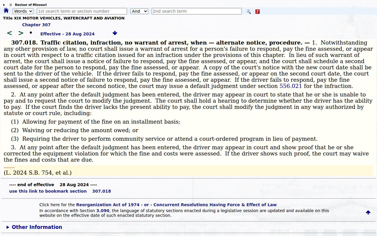 Missouri traffic infraction warrant restriction statute
