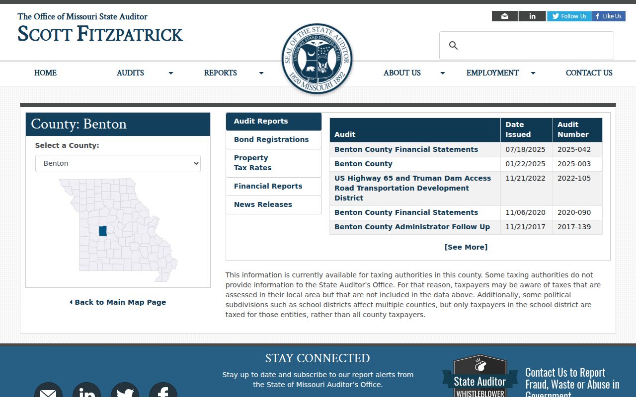 Missouri State Auditor Benton County local government page