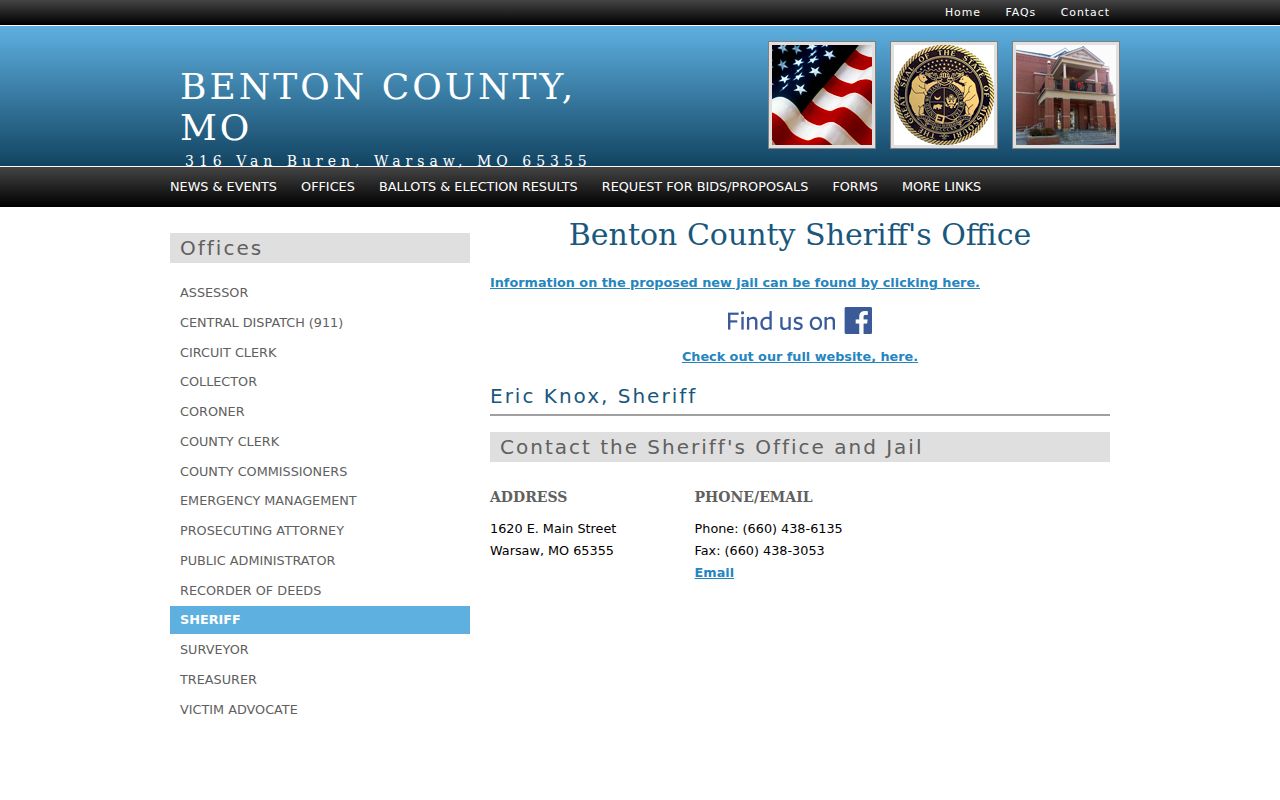Benton County Sheriff contact page for Cole Camp routing